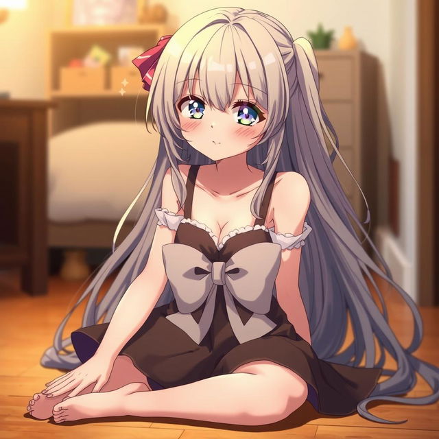 A beautiful anime girl with long flowing hair, sitting on the floor, appearing slightly disheveled with a cute hangover expression