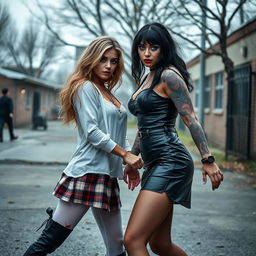 In an intense and dramatic schoolyard scene, a sexy, hot, beautiful, stunning, and curvy tattooed girl with striking black hair and piercing crystal blue eyes exudes dominance