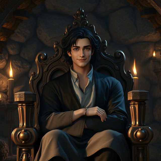 A human character with dark hair, appearing to be of medium age, seated on an intricately carved wooden throne in an underground room