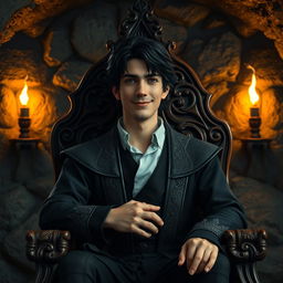 A human character with dark hair, appearing to be of medium age, seated on an intricately carved wooden throne in an underground room