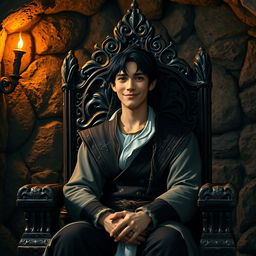 A human character with dark hair, appearing to be of medium age, seated on an intricately carved wooden throne in an underground room