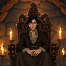 A human character with dark hair, appearing to be of medium age, seated on an intricately carved wooden throne in an underground room