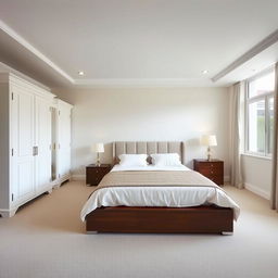 A spacious bedroom featuring a large bed positioned against the back wall, creating a focal point of comfort