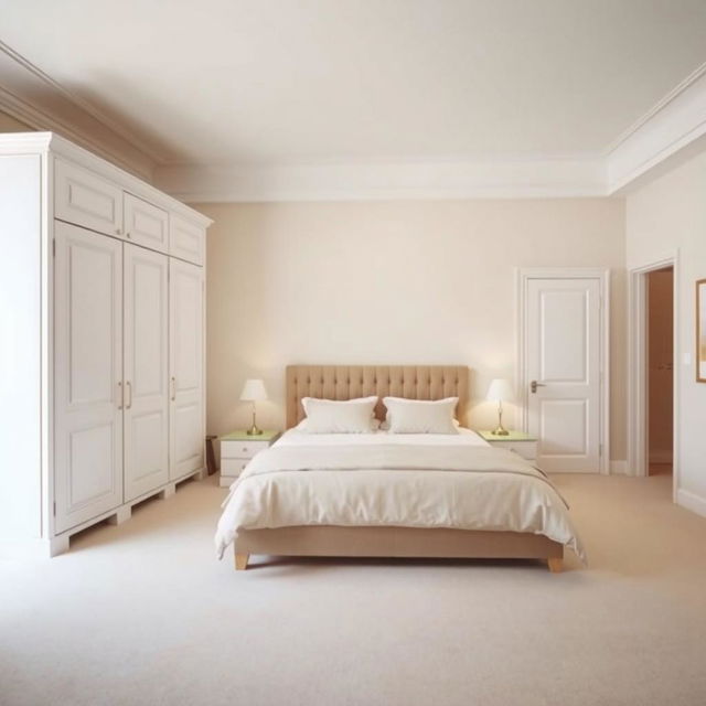 A spacious bedroom featuring a large bed positioned against the back wall, creating a focal point of comfort