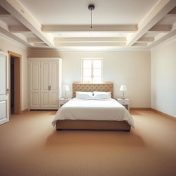 A spacious bedroom featuring a large bed positioned against the back wall, creating a focal point of comfort