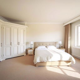 A spacious bedroom featuring a large bed positioned against the back wall, creating a focal point of comfort