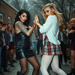In a dramatic schoolyard setting, a sexy, hot, beautiful, stunning, and curvy tattooed girl with striking black hair and captivating crystal blue eyes exhibits fierce confidence