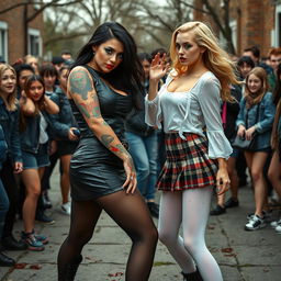In a dramatic schoolyard setting, a sexy, hot, beautiful, stunning, and curvy tattooed girl with striking black hair and captivating crystal blue eyes exhibits fierce confidence