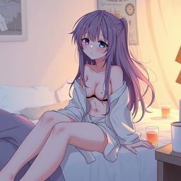 An anime girl with long, flowing hair, sitting on the edge of a bed, looking disheveled and hungover, wearing open clothes that suggest a wild night before