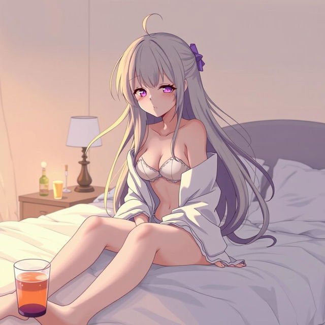 An anime girl with long, flowing hair, sitting on the edge of a bed, looking disheveled and hungover, wearing open clothes that suggest a wild night before