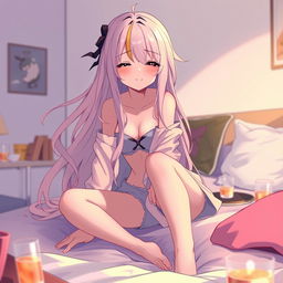 An anime girl with long, flowing hair, sitting on the edge of a bed, looking disheveled and hungover, wearing open clothes that suggest a wild night before