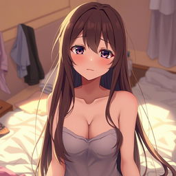 An anime girl with long, flowing hair, looking slightly disheveled as if she's hungover from a night of pleasure