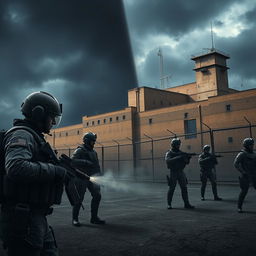 A dramatic scene depicting a high-tech prison facility being strategically cut off from its communication network