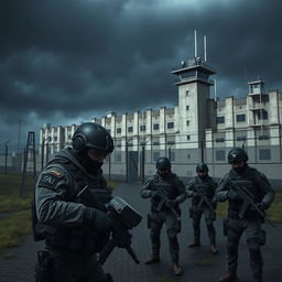 A dramatic scene depicting a high-tech prison facility being strategically cut off from its communication network