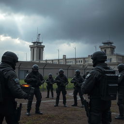 A dramatic scene depicting a high-tech prison facility being strategically cut off from its communication network