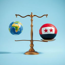 A balanced scale with one side featuring a vibrant globe symbolizing Earth, while the other side displays a colorful ball designed with the Yemeni flag