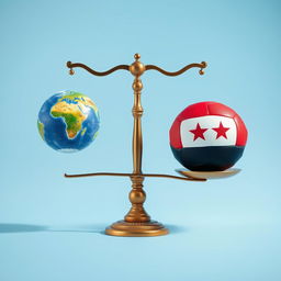 A balanced scale with one side featuring a vibrant globe symbolizing Earth, while the other side displays a colorful ball designed with the Yemeni flag