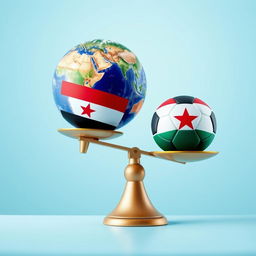 A balanced scale with one side featuring a vibrant globe symbolizing Earth, while the other side displays a colorful ball designed with the Yemeni flag