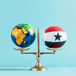 A balanced scale with one side featuring a vibrant globe symbolizing Earth, while the other side displays a colorful ball designed with the Yemeni flag
