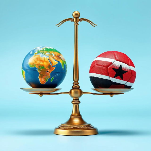 A balanced scale with one side featuring a vibrant globe symbolizing Earth, while the other side displays a colorful ball designed with the Yemeni flag