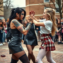In a dramatic schoolyard scene, a sexy, hot, beautiful, stunning, and curvy tattooed girl with striking black hair and piercing crystal blue eyes stands out