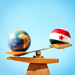 A balanced scale with one side featuring a detailed, vibrant globe representing Earth, while the other side displays a brightly colored ball adorned with the Yemeni flag