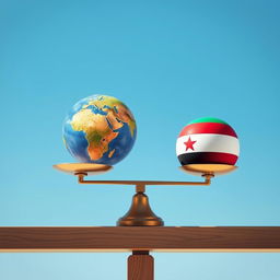 A balanced scale with one side featuring a detailed, vibrant globe representing Earth, while the other side displays a brightly colored ball adorned with the Yemeni flag