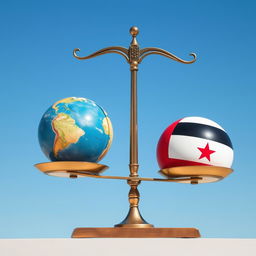 A balanced scale with one side featuring a detailed, vibrant globe representing Earth, while the other side displays a brightly colored ball adorned with the Yemeni flag