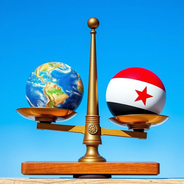 A balanced scale with one side featuring a detailed, vibrant globe representing Earth, while the other side displays a brightly colored ball adorned with the Yemeni flag