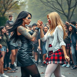 In an electrifying schoolyard scene, a sexy, hot, beautiful, stunning, and curvy tattooed girl with flowing black hair and captivating crystal blue eyes commands attention