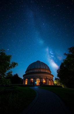 A stunning nighttime scene outside a magnificent star observatory, featuring a large dome structure adorned with intricate details