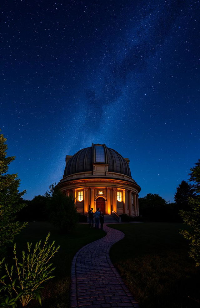 A stunning nighttime scene outside a magnificent star observatory, featuring a large dome structure adorned with intricate details