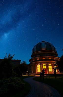A stunning nighttime scene outside a magnificent star observatory, featuring a large dome structure adorned with intricate details