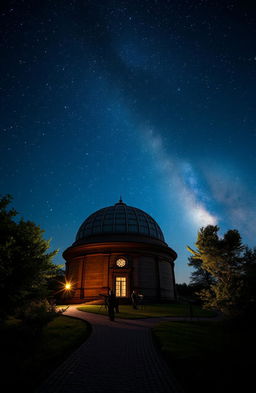 A stunning nighttime scene outside a magnificent star observatory, featuring a large dome structure adorned with intricate details