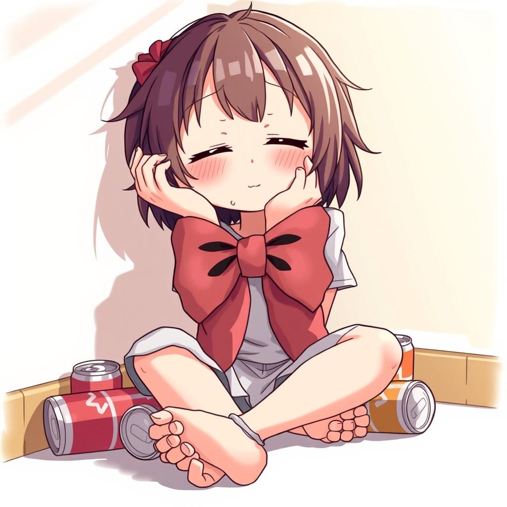 A hungover anime girl, with disheveled hair and a tired expression, sitting slumped against a wall