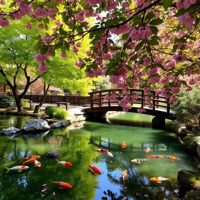 A tranquil Japanese garden scene featuring a serene koi pond, vibrant green maple trees, colorful koi fish swimming gracefully in the water, a traditional wooden bridge arching over the pond, and pink cherry blossom petals falling gently from the trees