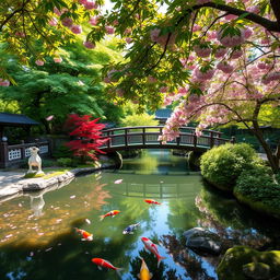 A tranquil Japanese garden scene featuring a serene koi pond, vibrant green maple trees, colorful koi fish swimming gracefully in the water, a traditional wooden bridge arching over the pond, and pink cherry blossom petals falling gently from the trees