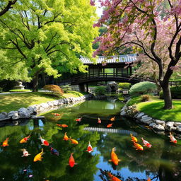 A tranquil Japanese garden scene featuring a serene koi pond, vibrant green maple trees, colorful koi fish swimming gracefully in the water, a traditional wooden bridge arching over the pond, and pink cherry blossom petals falling gently from the trees