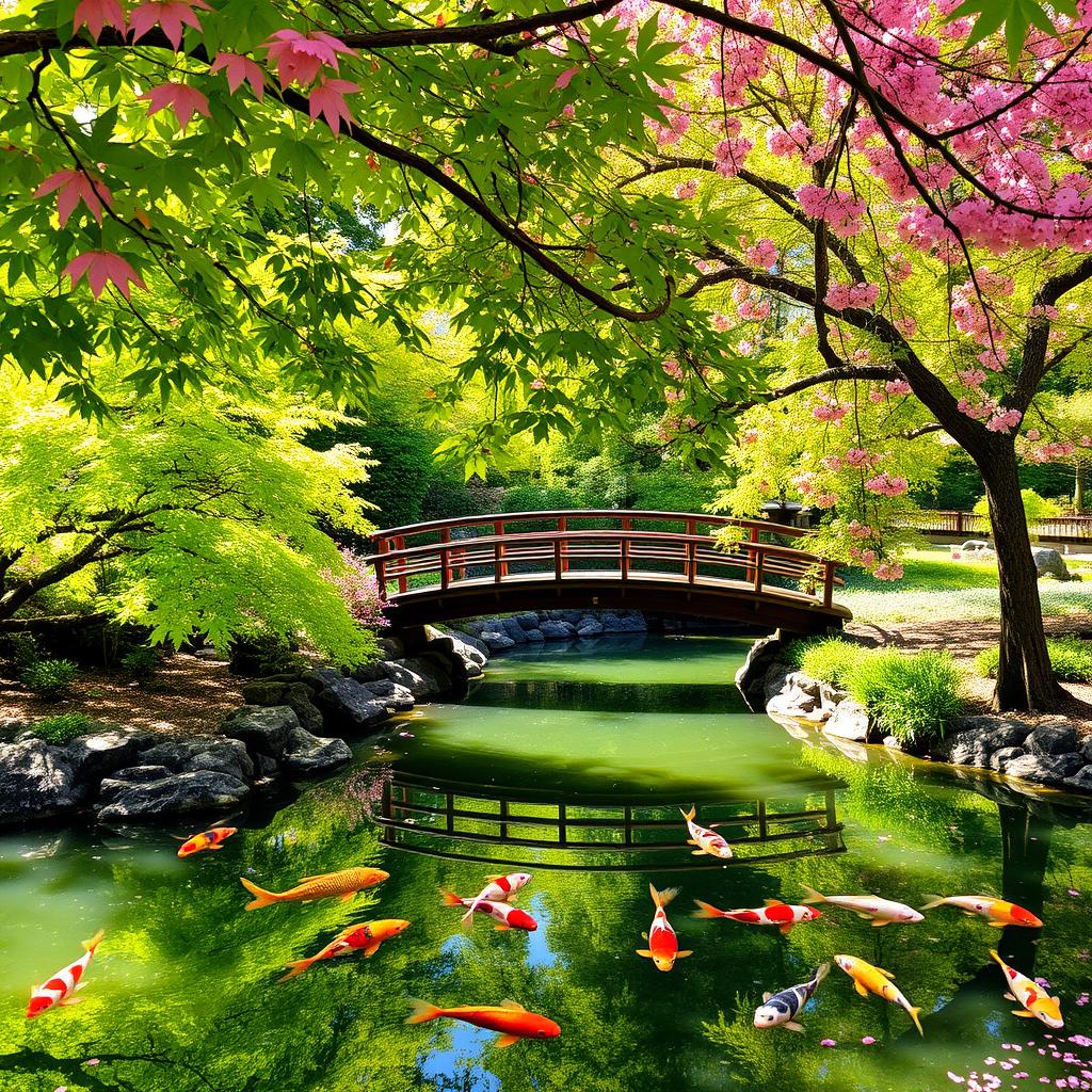 A tranquil Japanese garden scene featuring a serene koi pond, vibrant green maple trees, colorful koi fish swimming gracefully in the water, a traditional wooden bridge arching over the pond, and pink cherry blossom petals falling gently from the trees