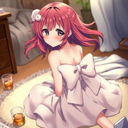 A beautiful anime girl with vibrant, flowing hair and striking features, sitting on the floor with a slightly disoriented but cute expression, showing that she's experiencing a hangover