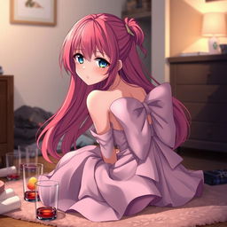 A beautiful anime girl with vibrant, flowing hair and striking features, sitting on the floor with a slightly disoriented but cute expression, showing that she's experiencing a hangover