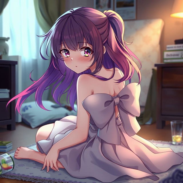 A beautiful anime girl with vibrant, flowing hair and striking features, sitting on the floor with a slightly disoriented but cute expression, showing that she's experiencing a hangover