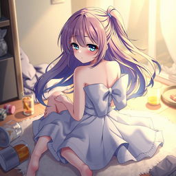 A beautiful anime girl with vibrant, flowing hair and striking features, sitting on the floor with a slightly disoriented but cute expression, showing that she's experiencing a hangover