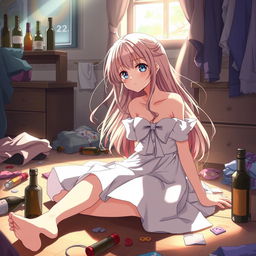 A beautiful anime girl experiencing a hangover, sitting on the floor with a distressed expression