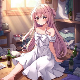 A beautiful anime girl experiencing a hangover, sitting on the floor with a distressed expression