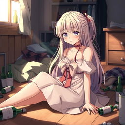 A beautiful anime girl experiencing a hangover, sitting on the floor with a distressed expression