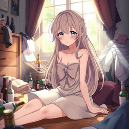 A beautiful anime girl experiencing a hangover, sitting on the floor with a distressed expression