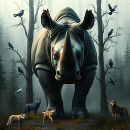 A strong and muscular standing rhinoceros with tall stature, featuring nervous and intense red eyes, surrounded by a misty forest atmosphere