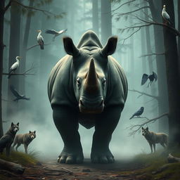 A strong and muscular standing rhinoceros with tall stature, featuring nervous and intense red eyes, surrounded by a misty forest atmosphere