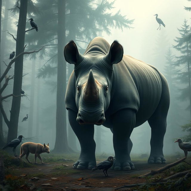 A strong and muscular standing rhinoceros with tall stature, featuring nervous and intense red eyes, surrounded by a misty forest atmosphere